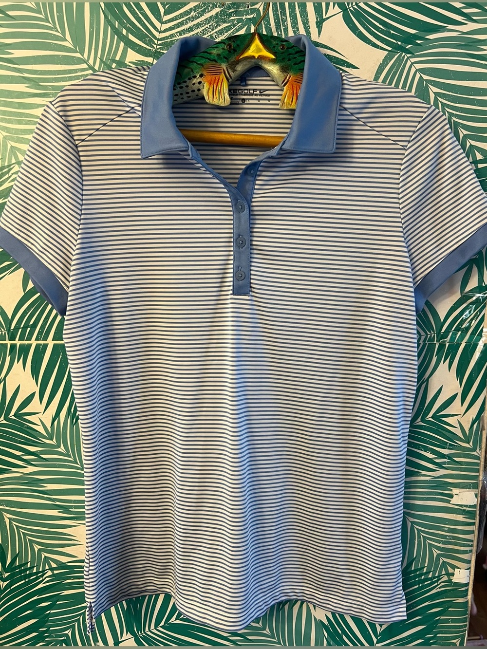 Nike Light Blue & white Striped Golf Polo Top solid blue collar 3 button sz L
